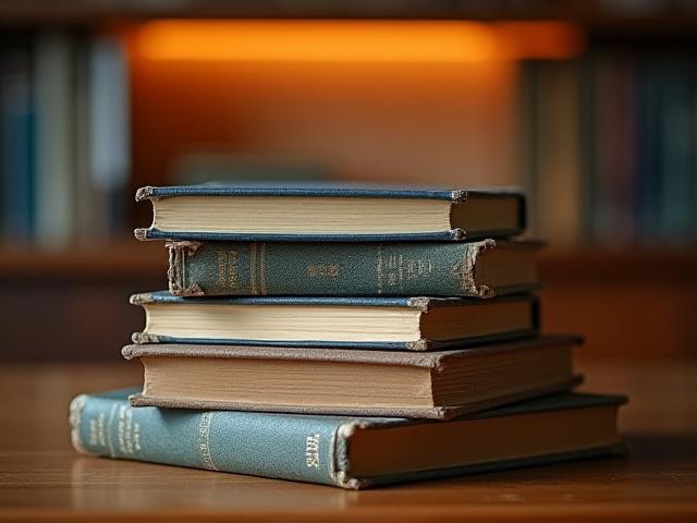 Pila de libros de física y ciencia, con un tenue brillo.